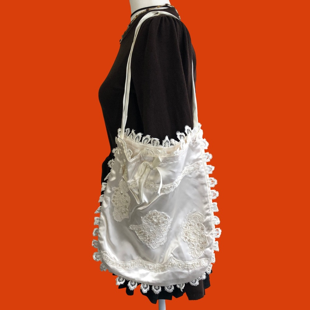 Vintage Ivory Satin Lace Pearl Shoulder Bag Coquette Fairycore Bridal Tote